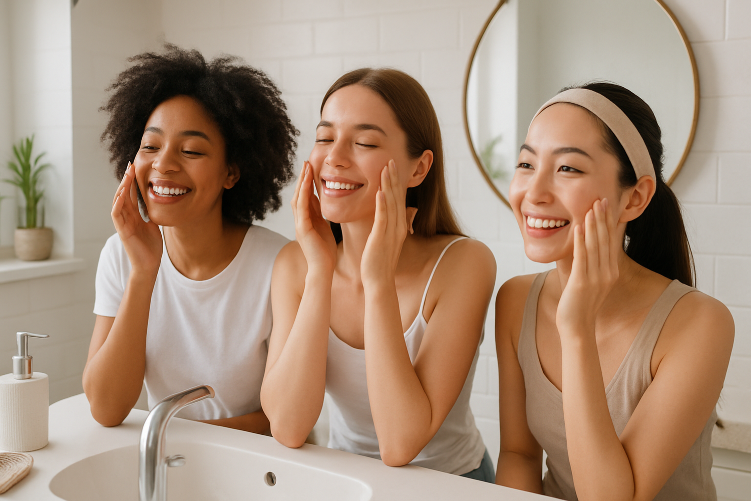 genera una mujeres usando este producto que se vean jovenes y sonrientes en un entorno tipo tocador o baño no debe aparecer el tarro producto o similares